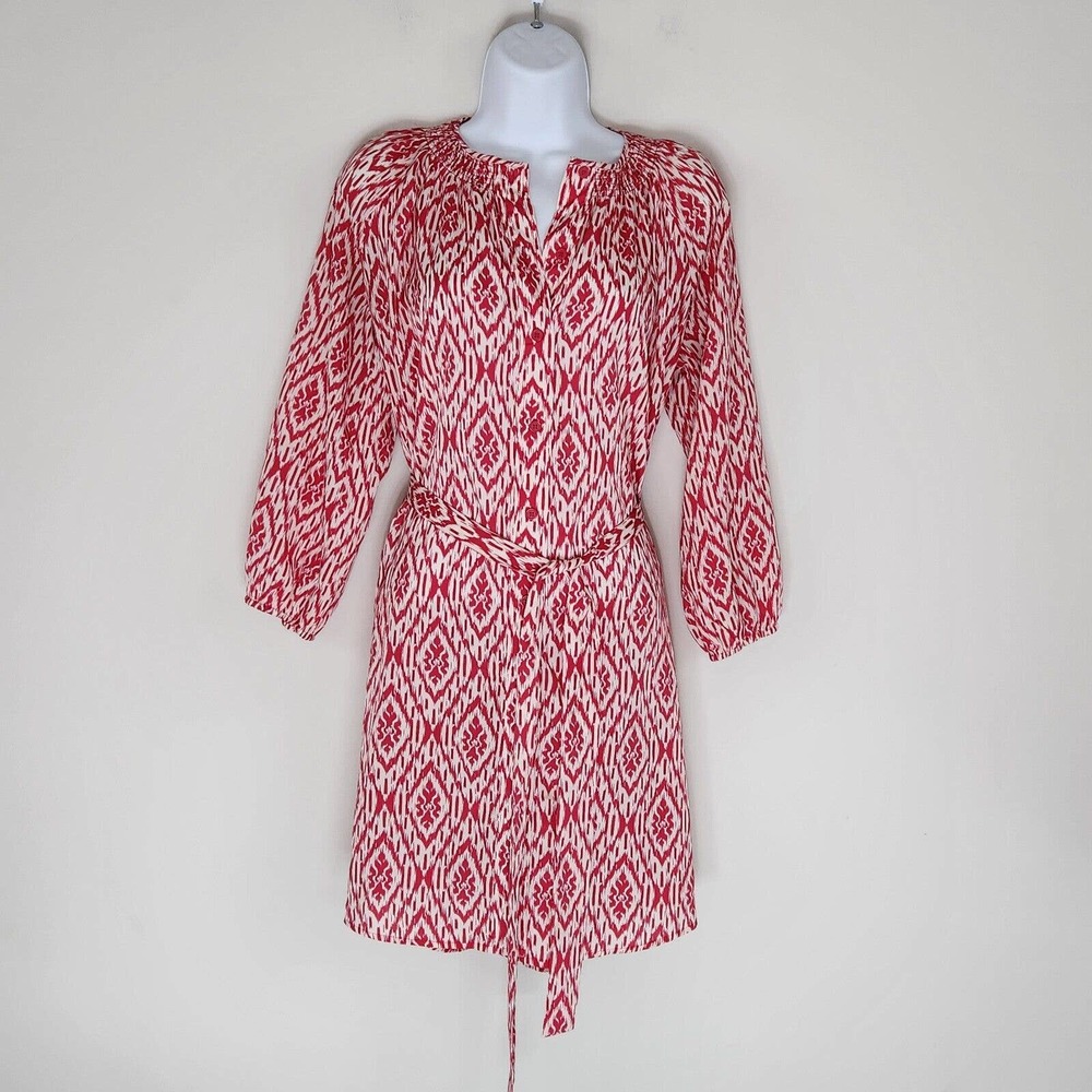 Maeve Ikat Frequencies Mini Dress Button Down Belted Smocked Women's Size S